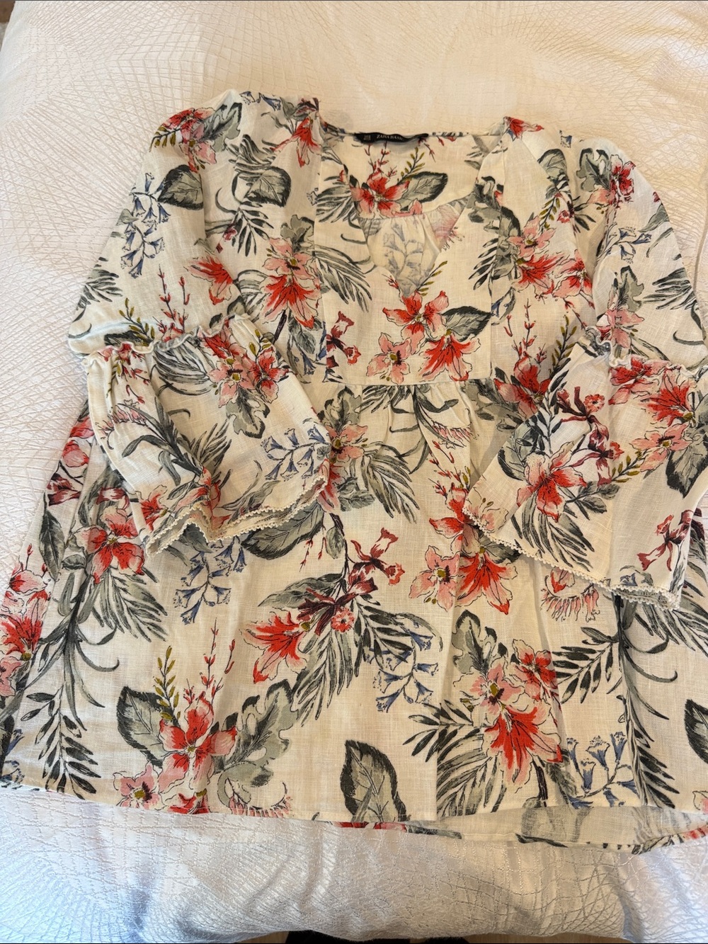 Zara White Tunic with Red Floral & Green Leaf Print